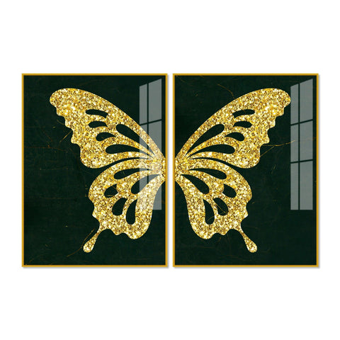Golden Sparkling Butterfly Acrylic Floating Wall Painting Set of - Decor Mantra 