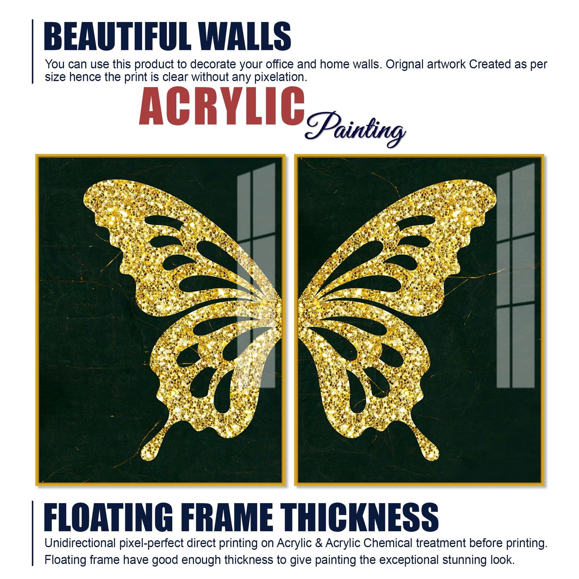 Golden Sparkling Butterfly Acrylic Floating Wall Painting Set of - Decor Mantra 