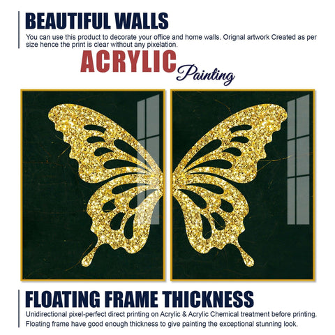 Golden Sparkling Butterfly Acrylic Floating Wall Painting Set of - Decor Mantra 
