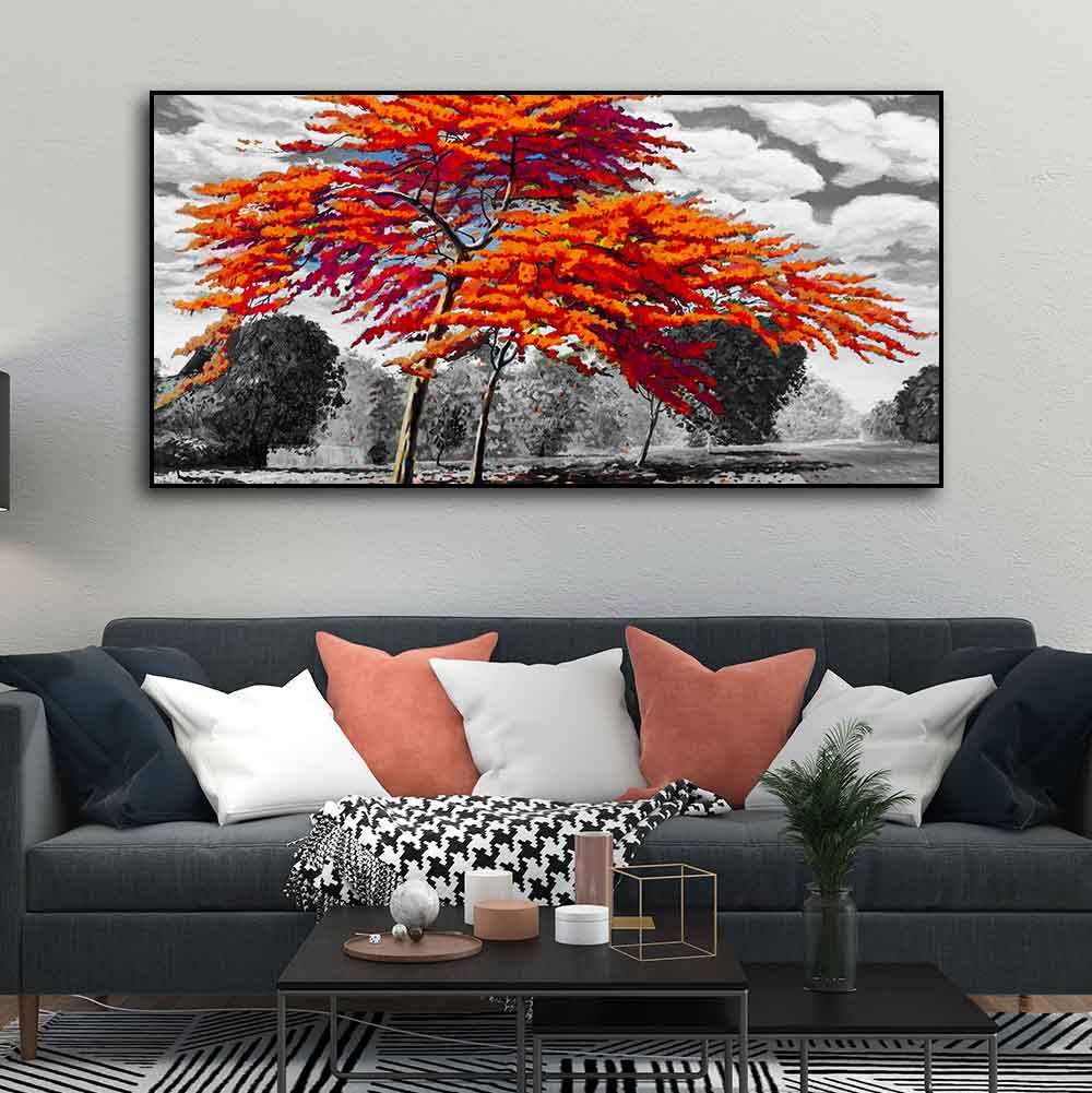 Orange Color Peacock Flowers Tree Premium Wall Painting DECORMANTRA