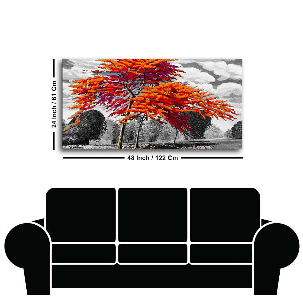 Orange Color Peacock Flowers Tree Premium Wall Painting DECORMANTRA