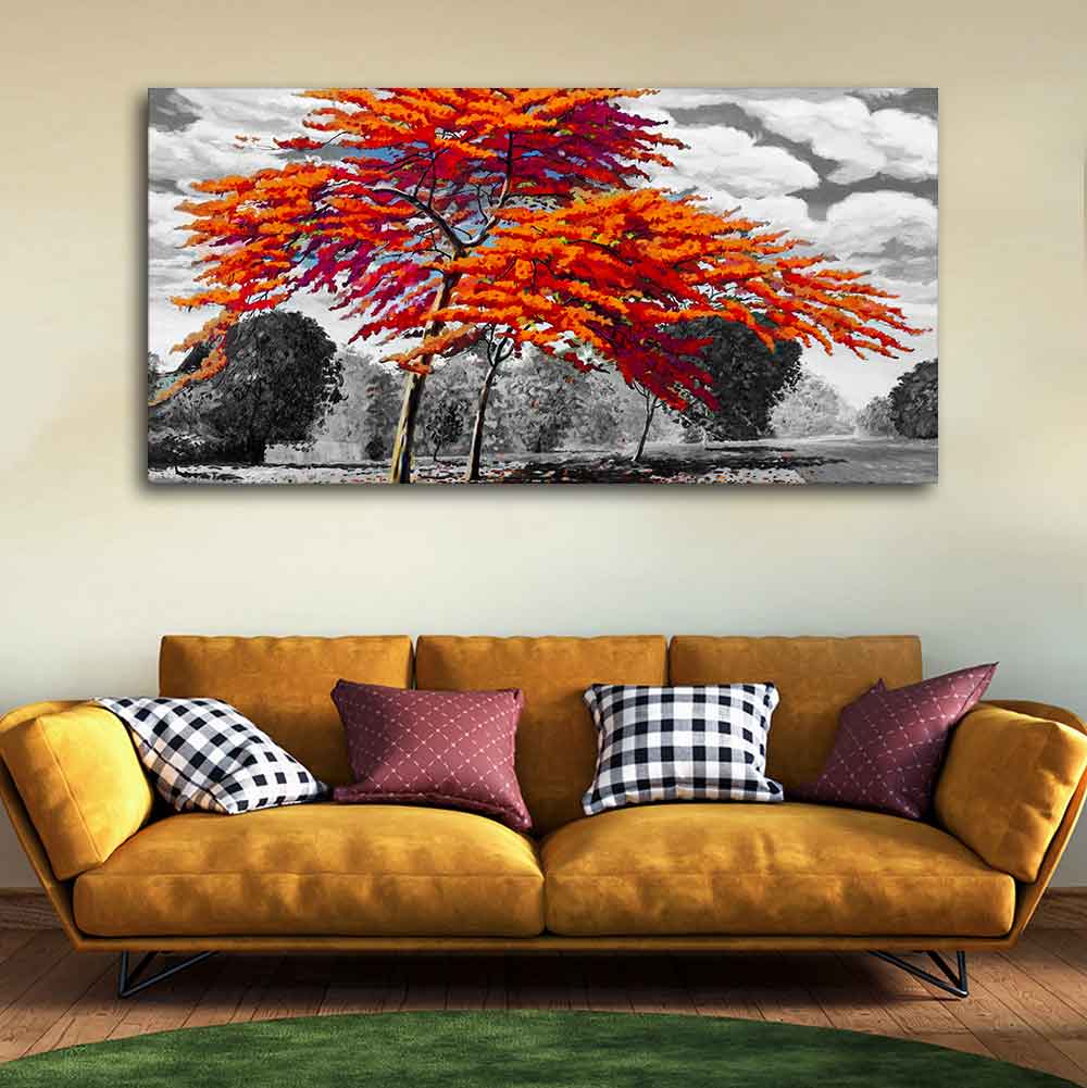 Orange Color Peacock Flowers Tree Premium Wall Painting DECORMANTRA