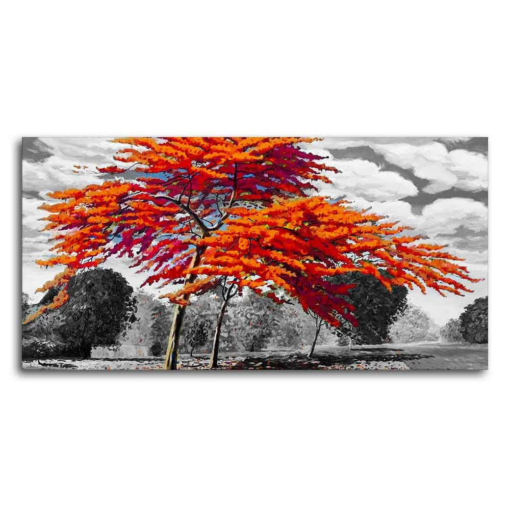 Orange Color Peacock Flowers Tree Premium Wall Painting DECORMANTRA