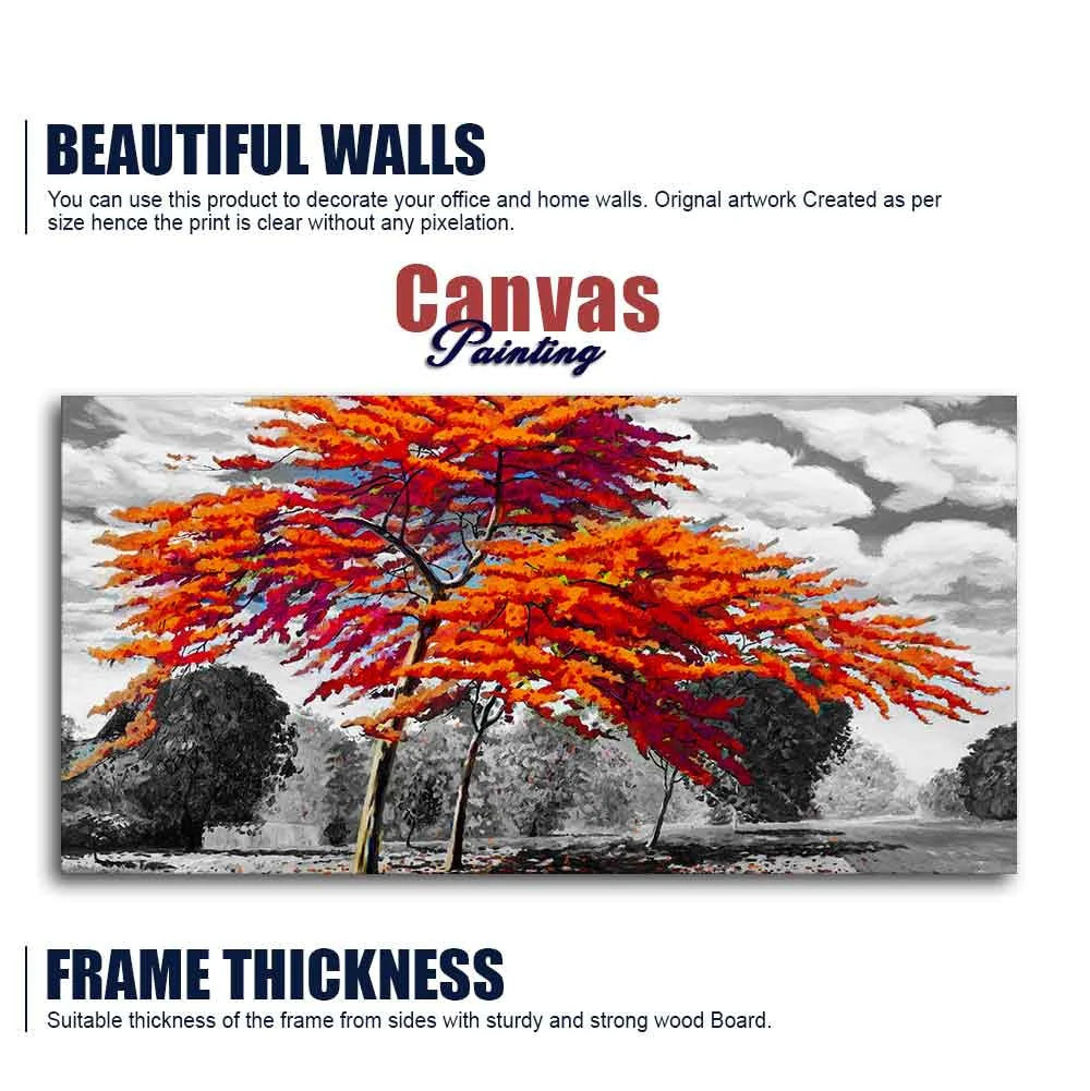 Orange Color Peacock Flowers Tree Premium Wall Painting DECORMANTRA