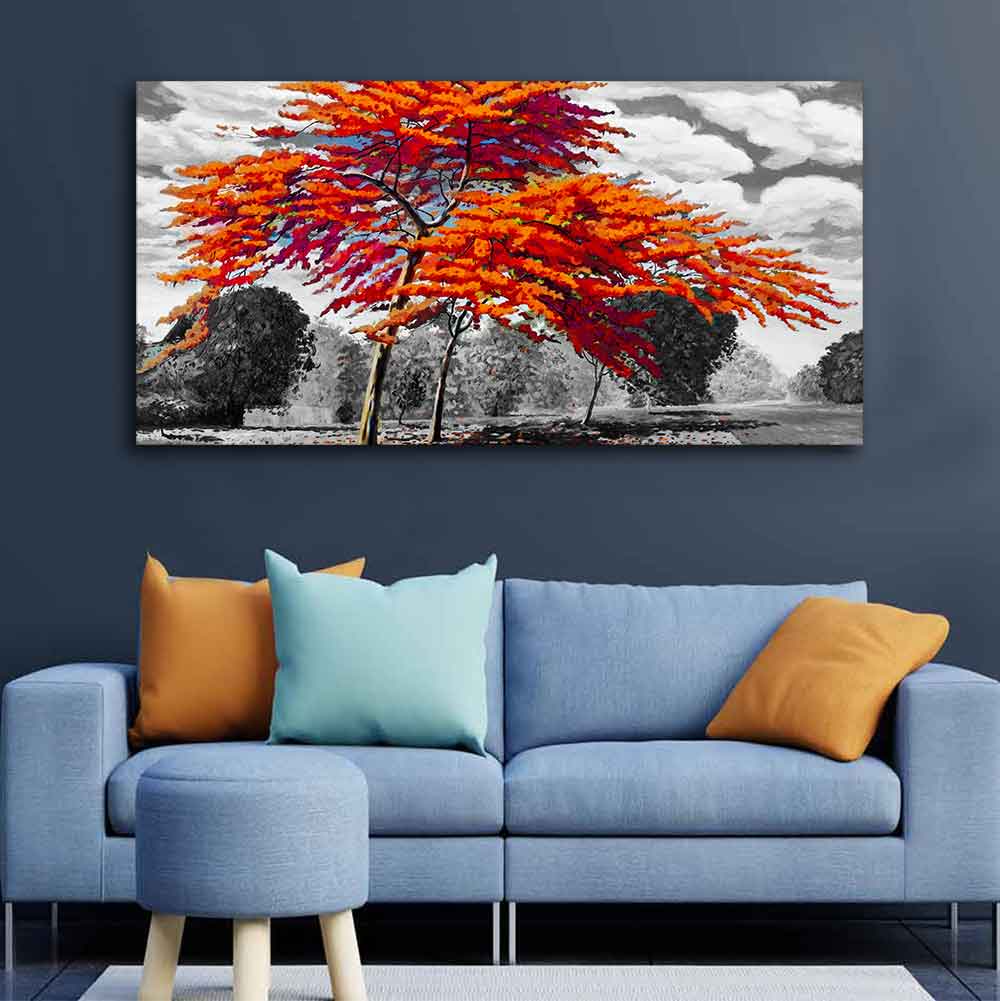 Orange Color Peacock Flowers Tree Premium Wall Painting DECORMANTRA