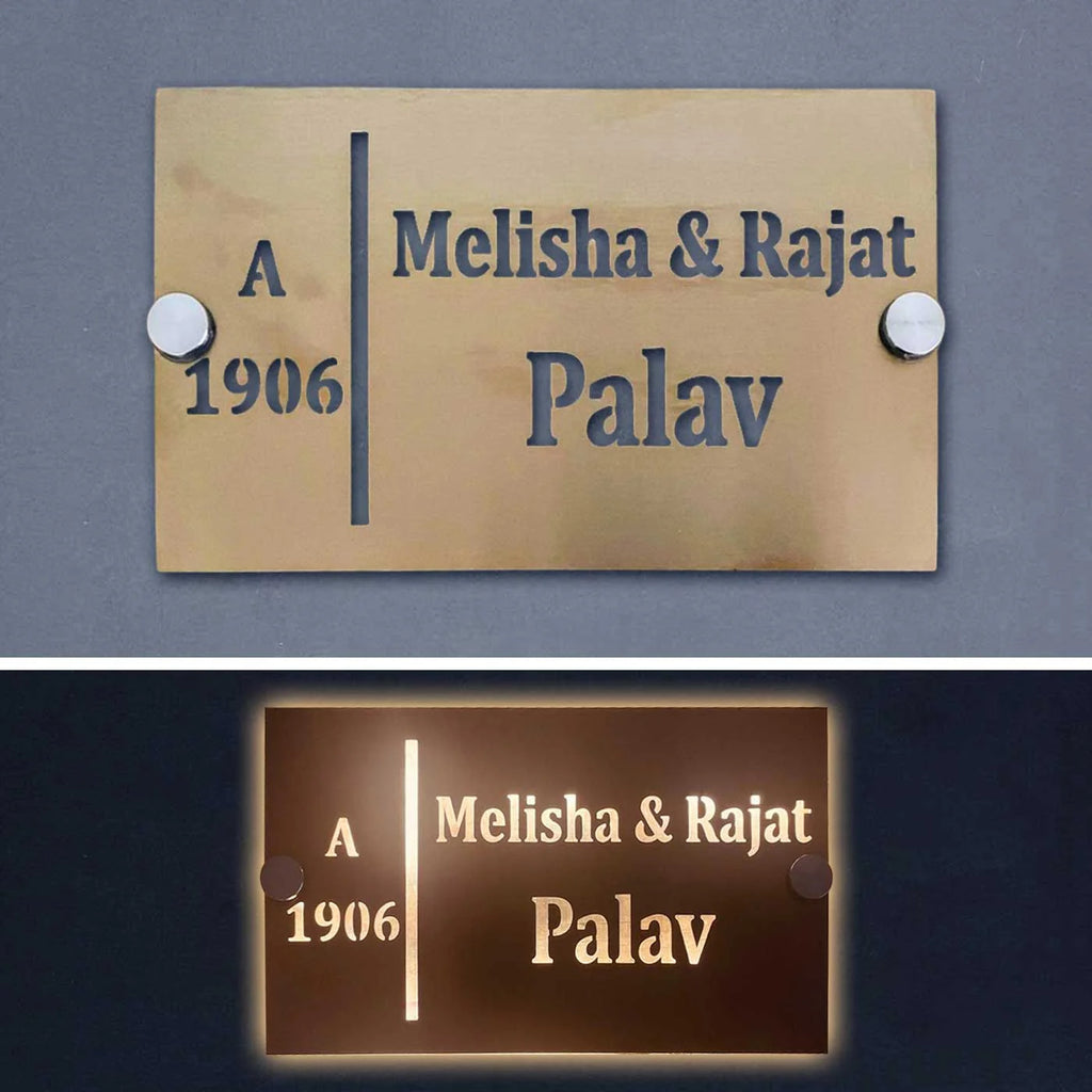 Personalized LED Metal Name Plate for Home – Waterproof Soft Gold Steel Name Plate - Harshita Craft