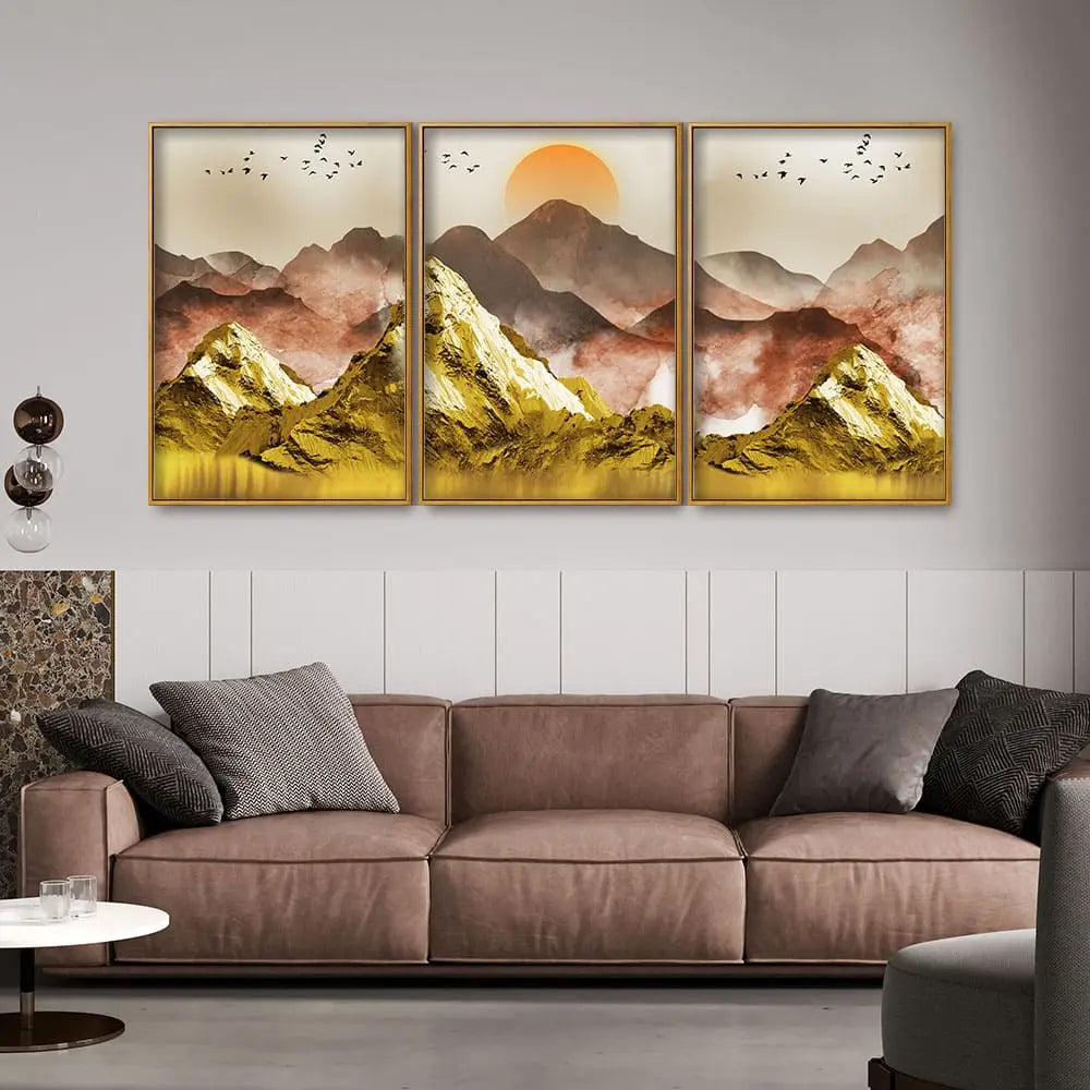 Golden Mountains and Birds Scenery Floating Canvas Wall Painting Set of Three Decor Mantra