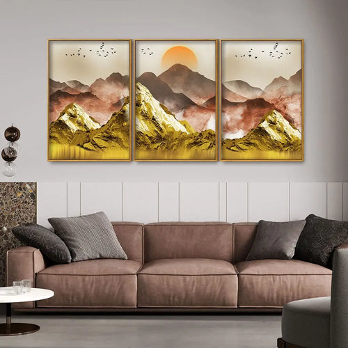 Golden Mountains and Birds Scenery Floating Canvas Wall Painting Set of Three Decor Mantra