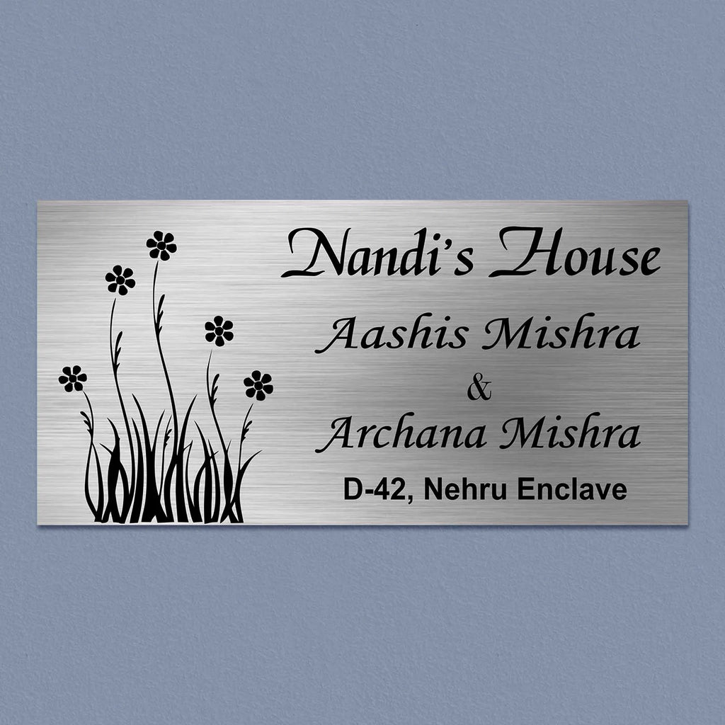 Personalized Stainless Steel Metal Name Plate for Home – Floral Design - Harshita Craft
