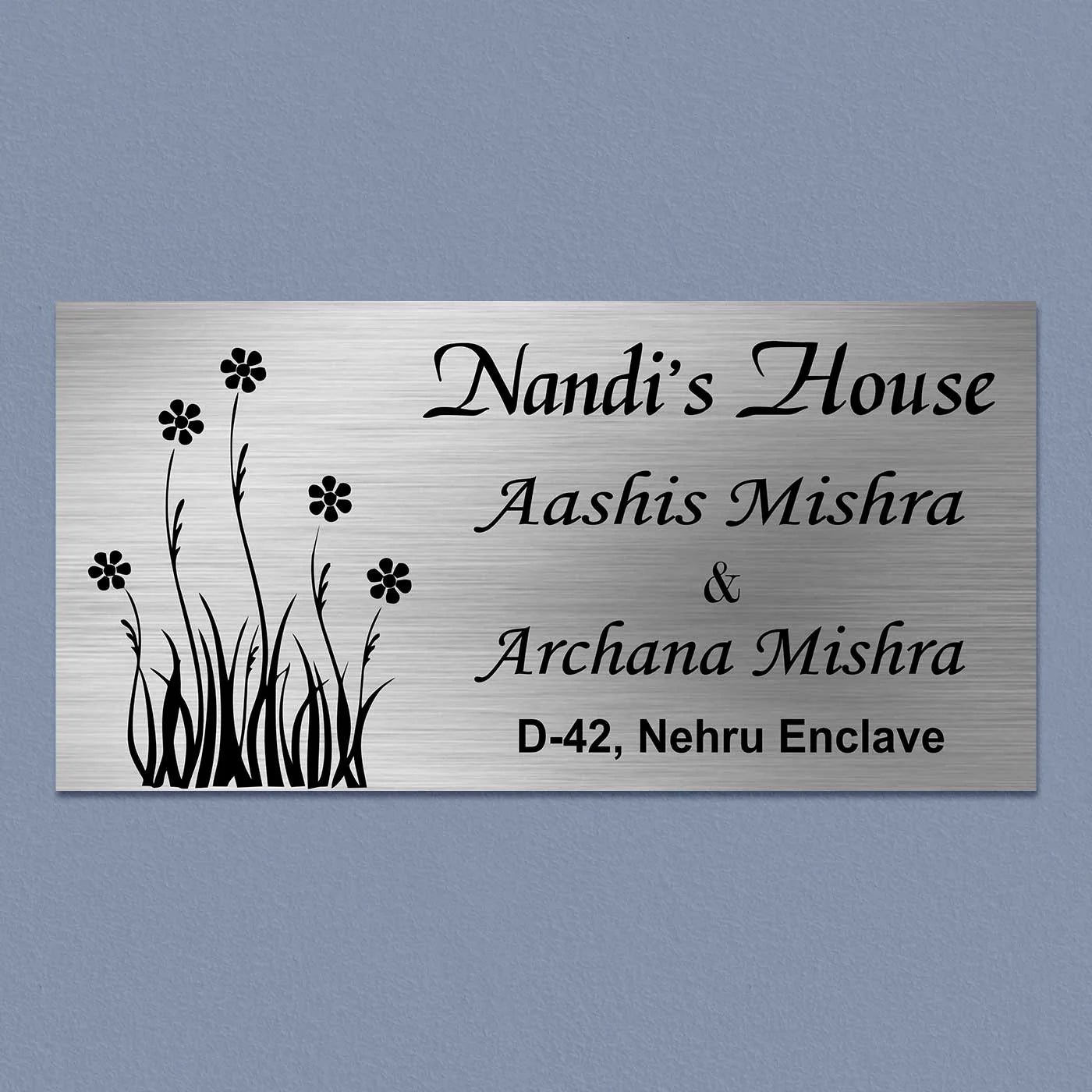 Personalized Stainless Steel Metal Name Plate for Home – Floral Design - Harshita Craft