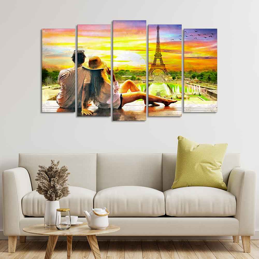 Couple Watching Sunset Paris Canvas Wall Painting of Five Pieces Decor Mantra