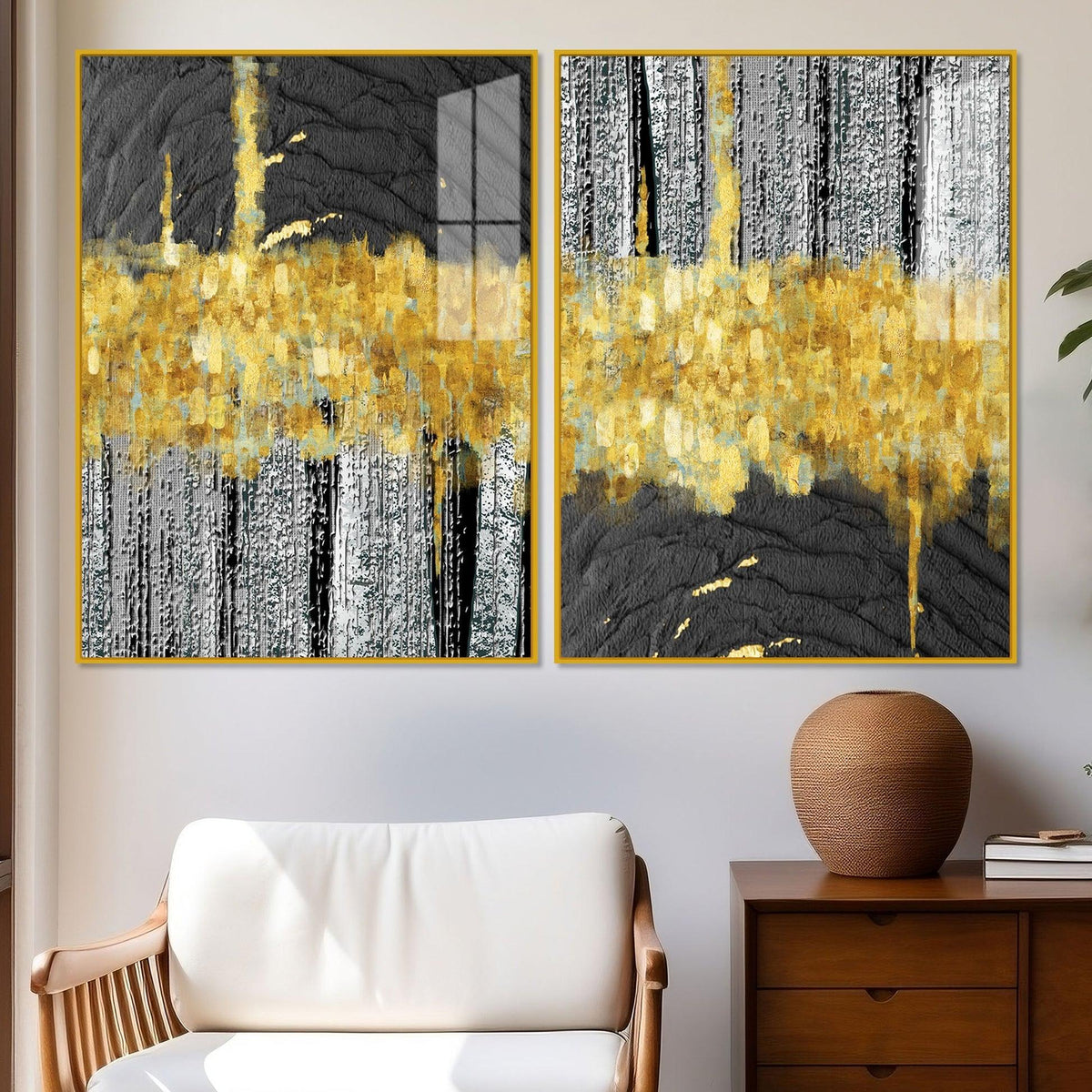 Luxurious Golden Textured Pattern Shapes Acrylic Floating Wall Painting Set Of 2 - Decor Mantra 