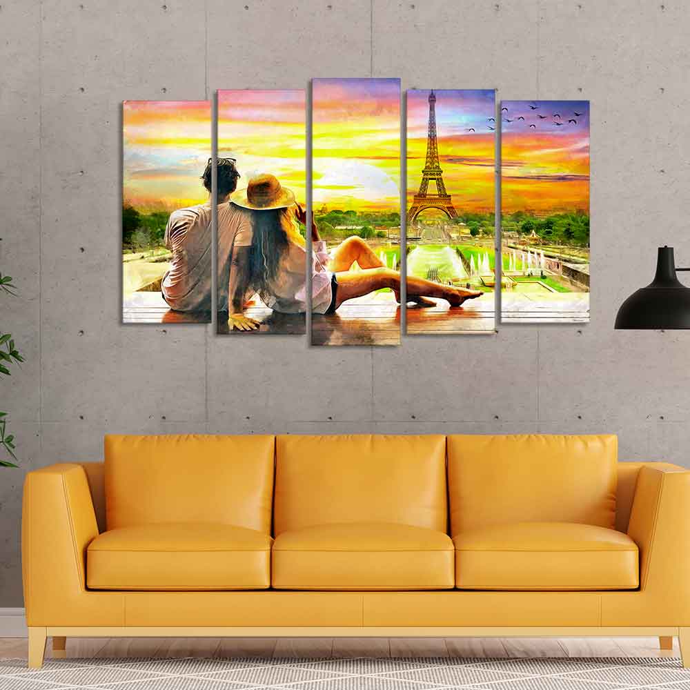 Couple Watching Sunset Paris Canvas Wall Painting of Five Pieces Decor Mantra