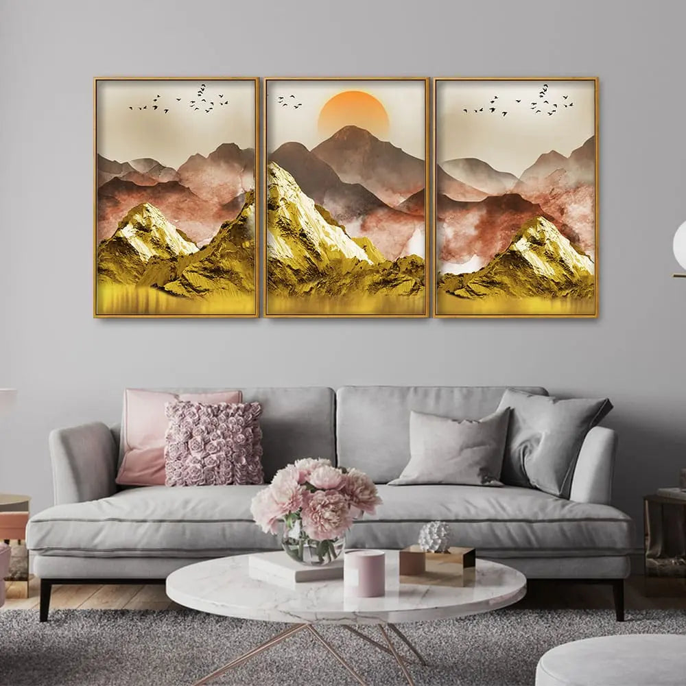 Golden Mountains and Birds Scenery Floating Canvas Wall Painting Set of Three Decor Mantra