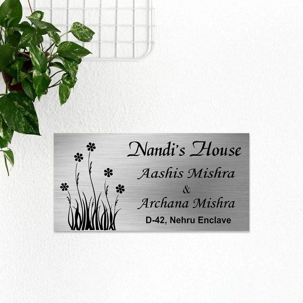 Personalized Stainless Steel Metal Name Plate for Home – Floral Design - Harshita Craft