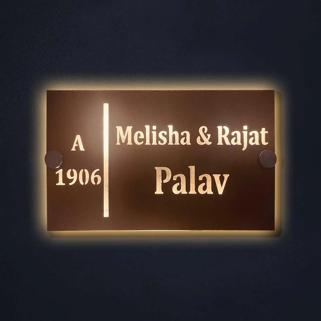 Personalized LED Metal Name Plate for Home – Waterproof Soft Gold Steel Name Plate - Harshita Craft