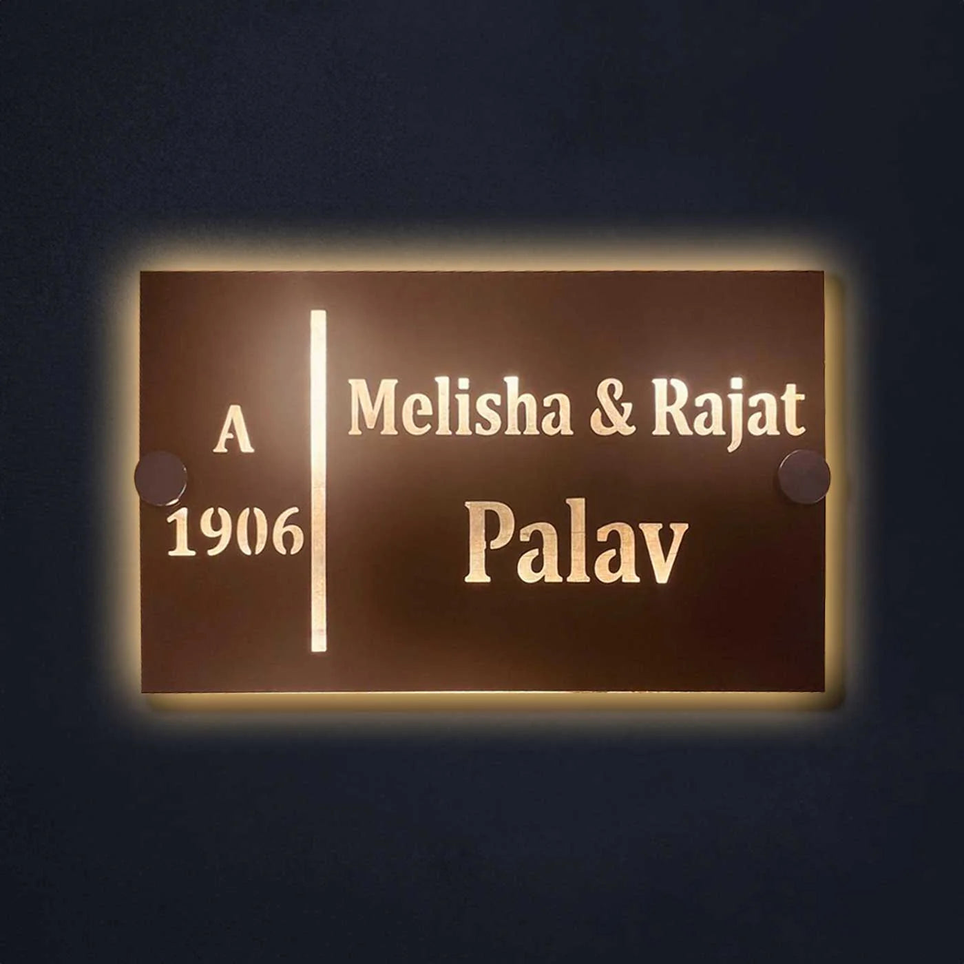 Personalized LED Metal Name Plate for Home – Waterproof Soft Gold Steel Name Plate - Harshita Craft