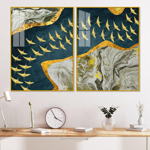 A Flock of Golden Birds Acrylic Floating Wall Painting Set of 2 - Decor Mantra 