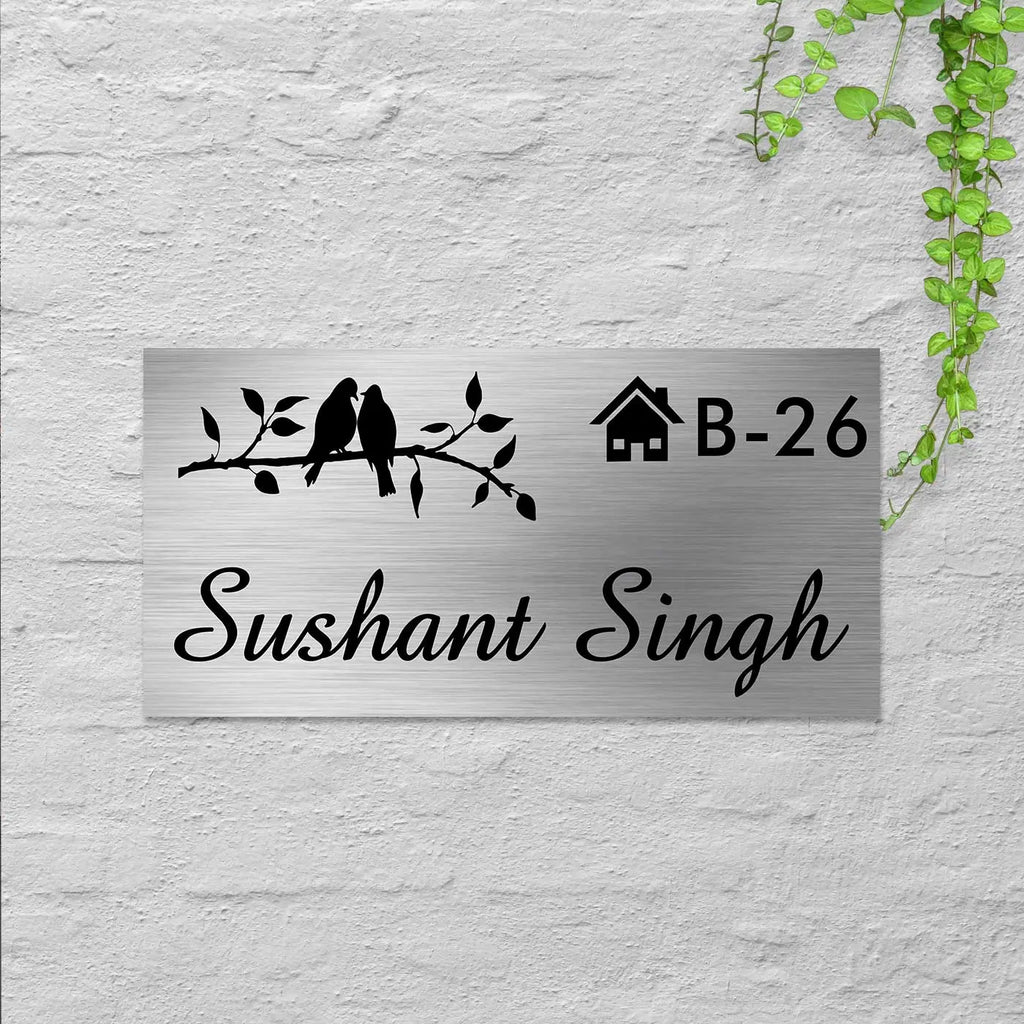 Personalized Birds Theme Stainless Steel Metal Name Plate for Home & Outdoor - Harshita Craft