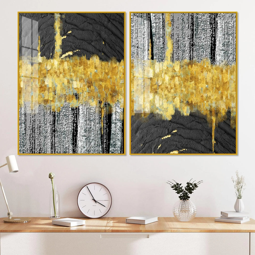 Luxurious Golden Textured Pattern Shapes Acrylic Floating Wall Painting Set Of 2 - Decor Mantra 
