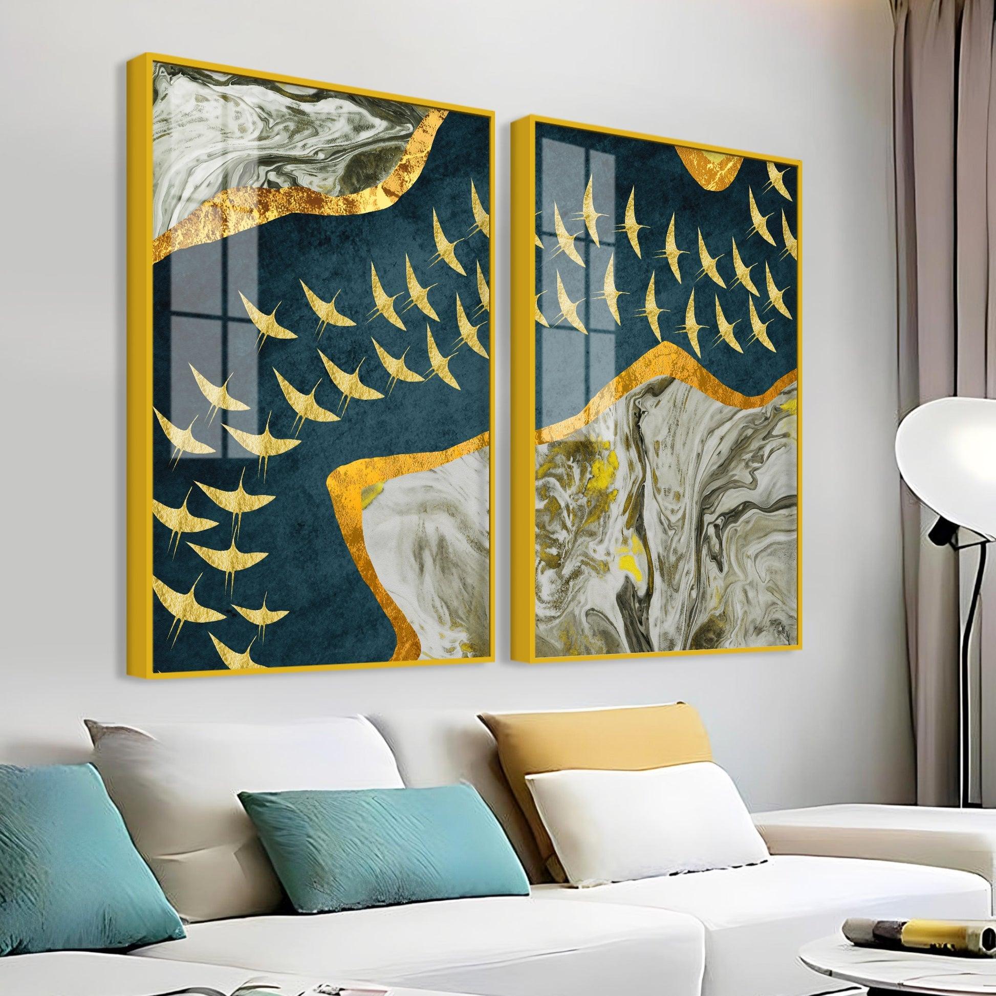 A Flock of Golden Birds Acrylic Floating Wall Painting Set of 2 - Decor Mantra 