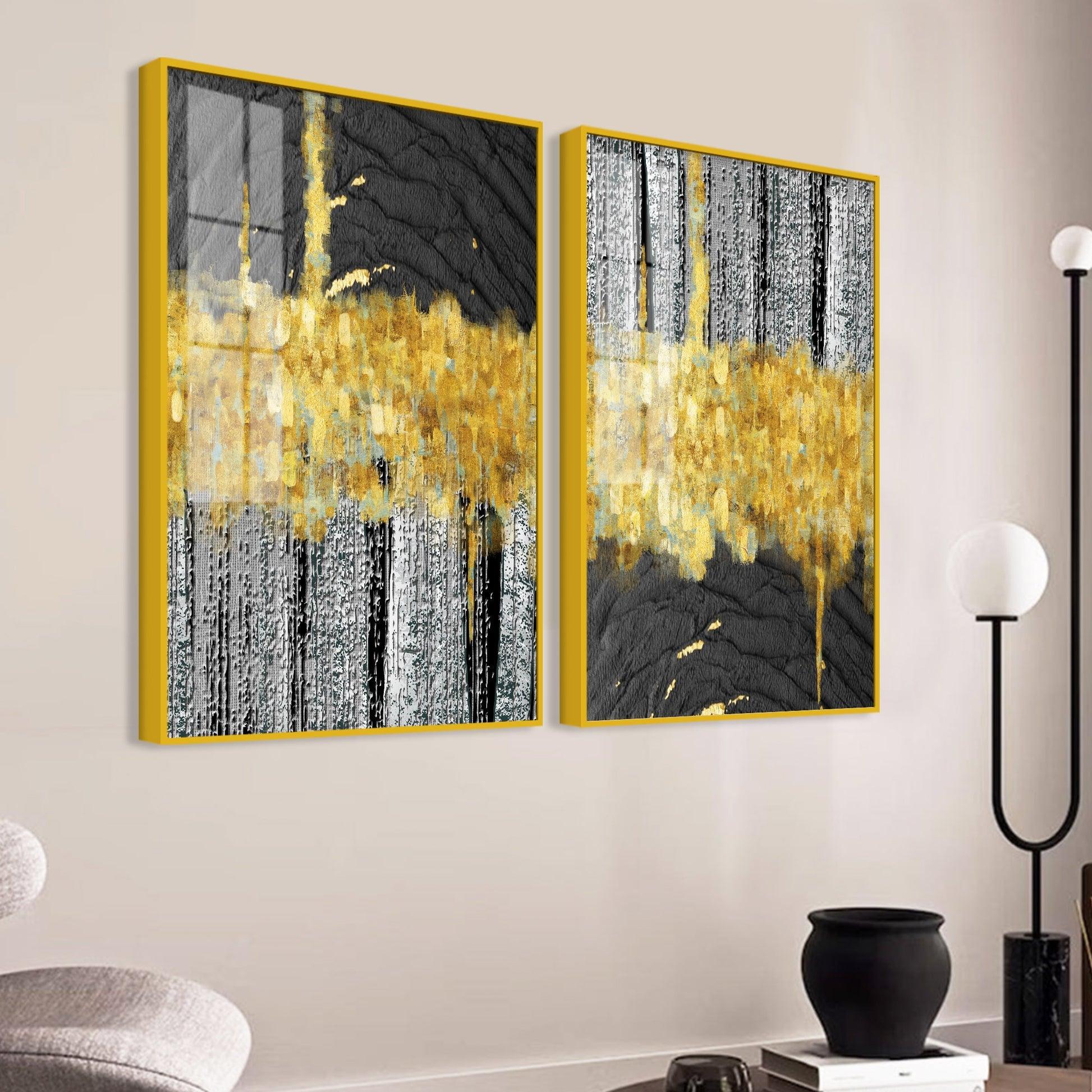 Luxurious Golden Textured Pattern Shapes Acrylic Floating Wall Painting Set Of 2 - Decor Mantra 