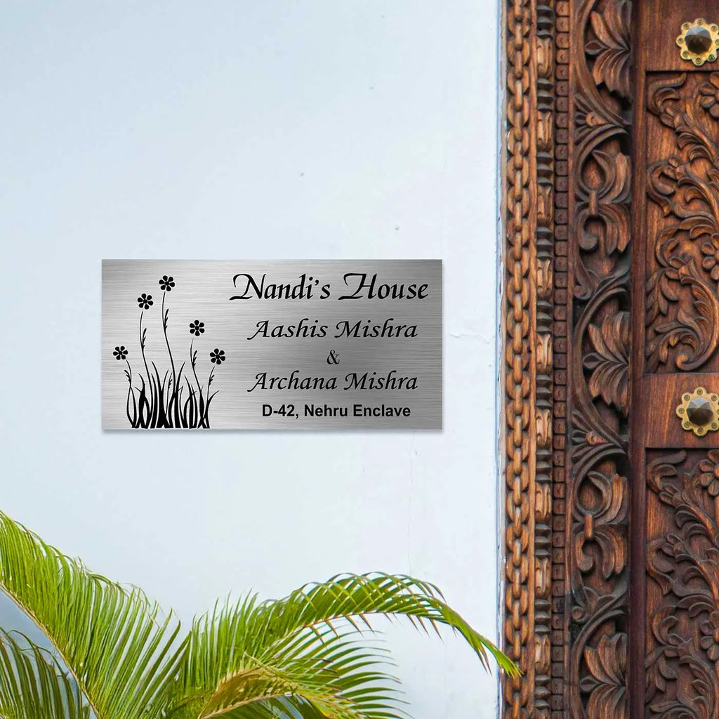 Personalized Stainless Steel Metal Name Plate for Home – Floral Design - Harshita Craft