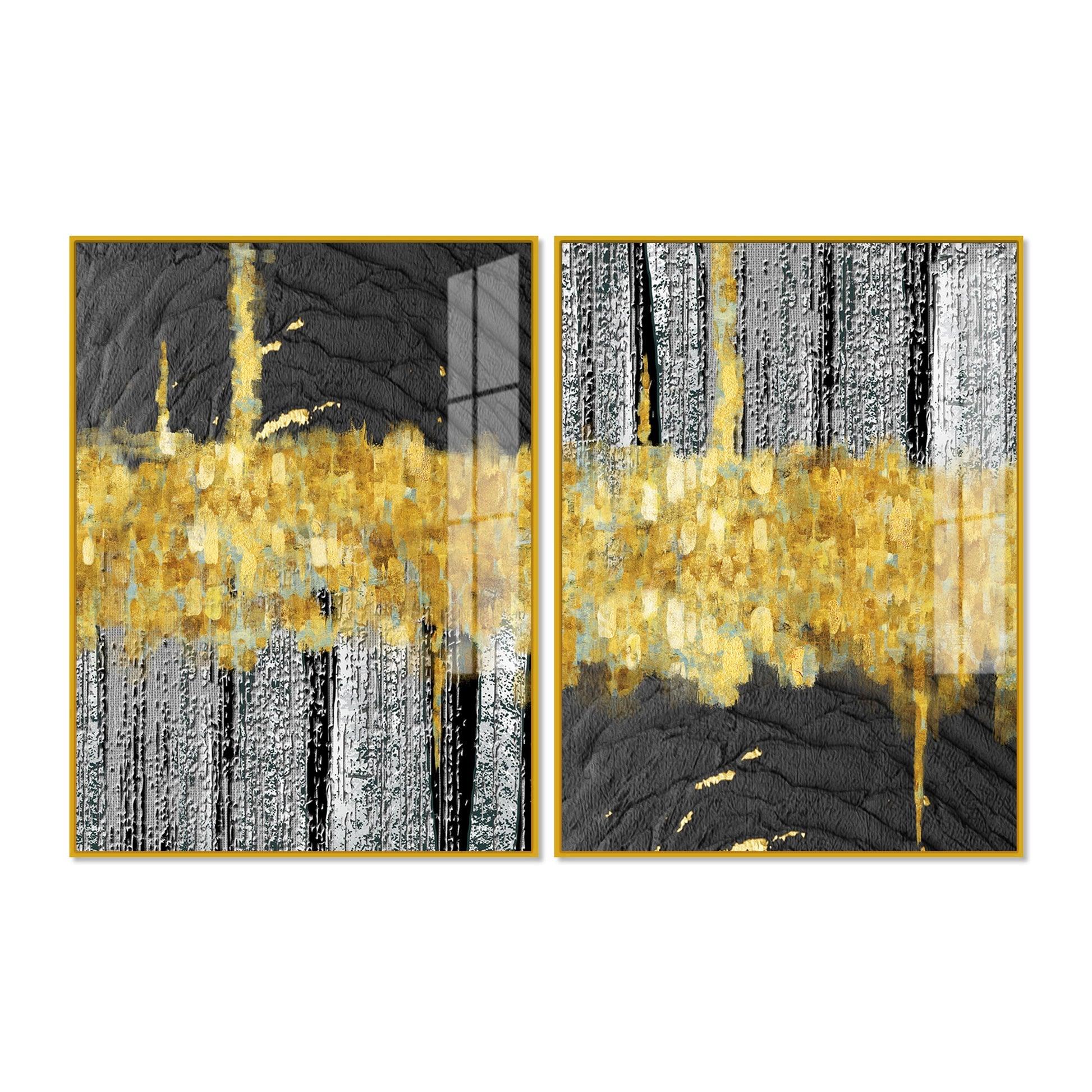 Luxurious Golden Textured Pattern Shapes Acrylic Floating Wall Painting Set Of 2 - Decor Mantra 