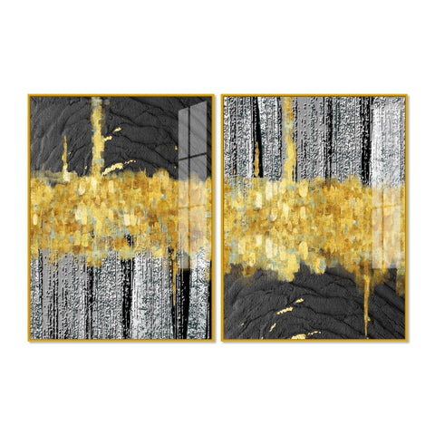 Luxurious Golden Textured Pattern Shapes Acrylic Floating Wall Painting Set Of 2 - Decor Mantra 