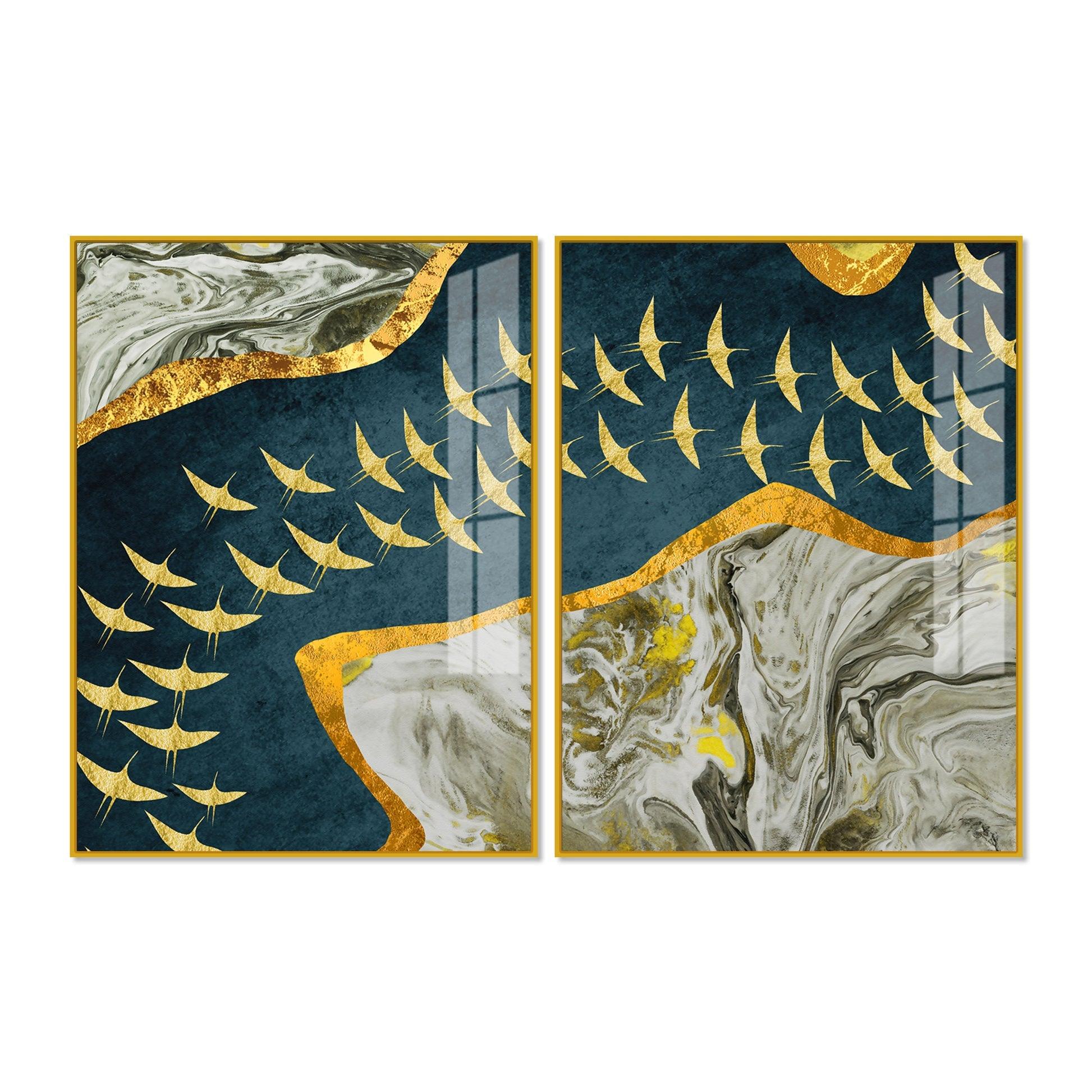 A Flock of Golden Birds Acrylic Floating Wall Painting Set of 2 - Decor Mantra 