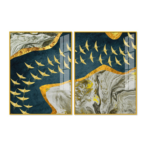 A Flock of Golden Birds Acrylic Floating Wall Painting Set of 2 - Decor Mantra 