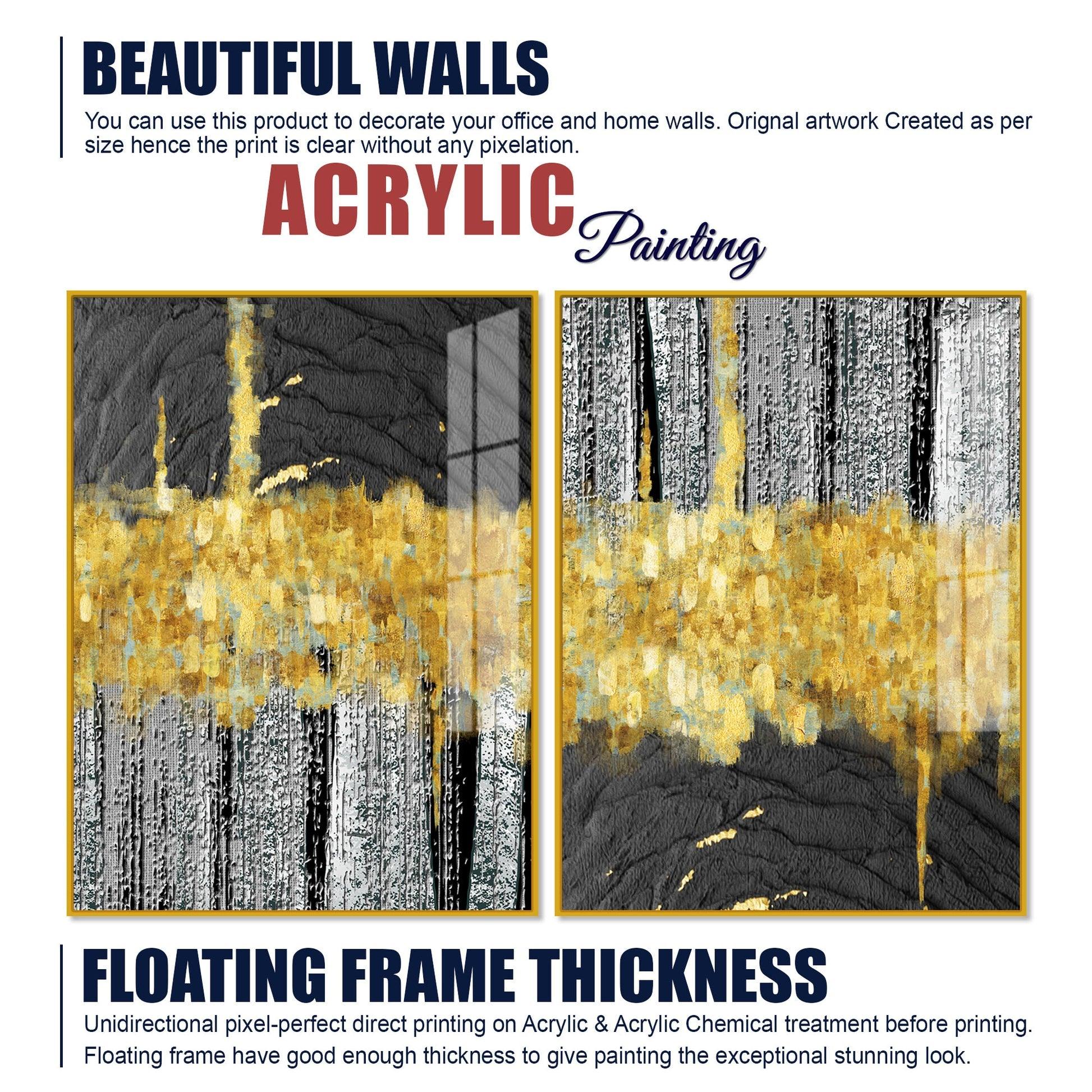 Luxurious Golden Textured Pattern Shapes Acrylic Floating Wall Painting Set Of 2 - Decor Mantra 