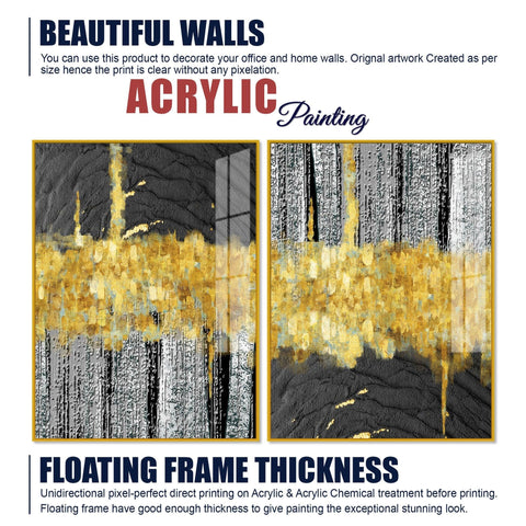 Luxurious Golden Textured Pattern Shapes Acrylic Floating Wall Painting Set Of 2 - Decor Mantra 
