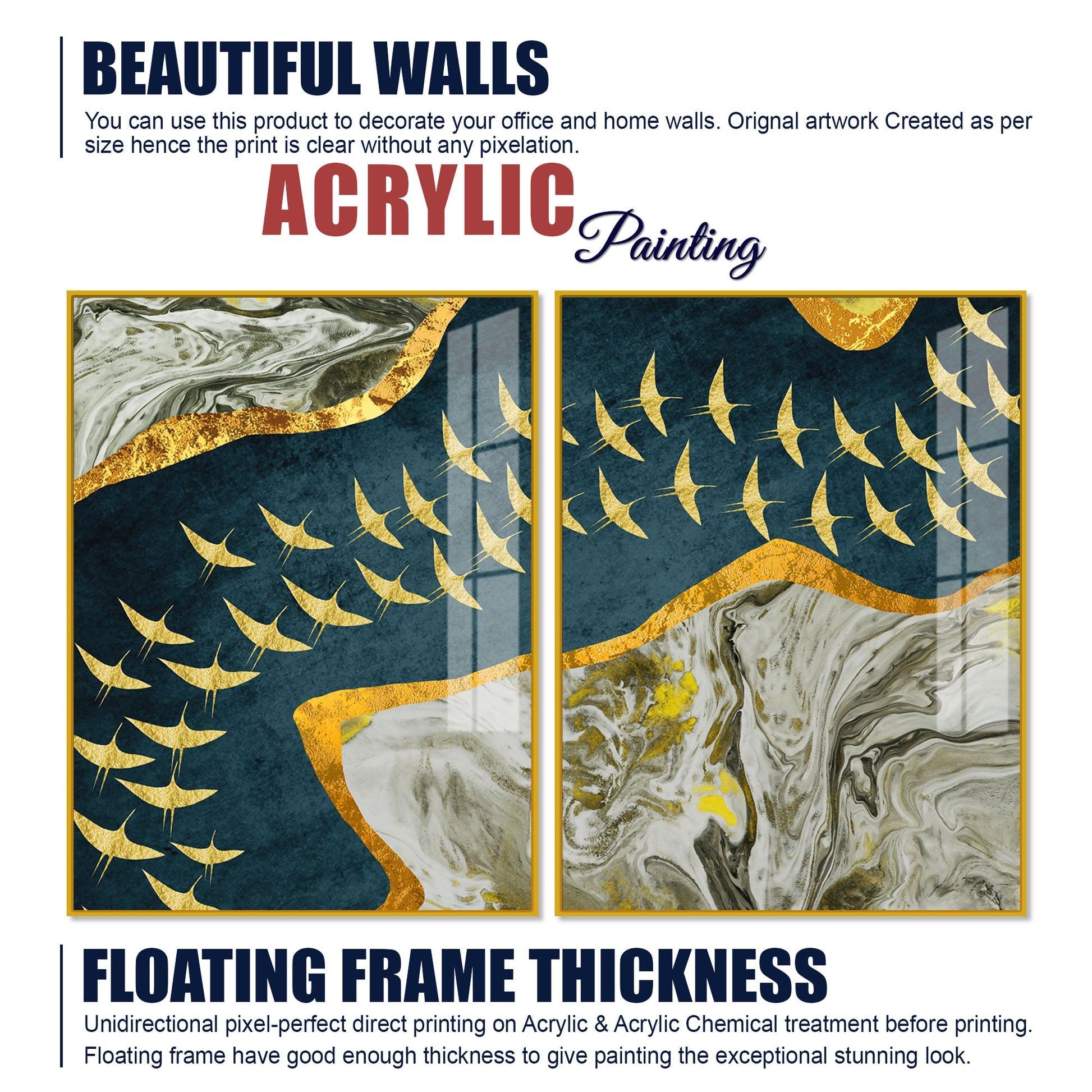 A Flock of Golden Birds Acrylic Floating Wall Painting Set of 2 - Decor Mantra 