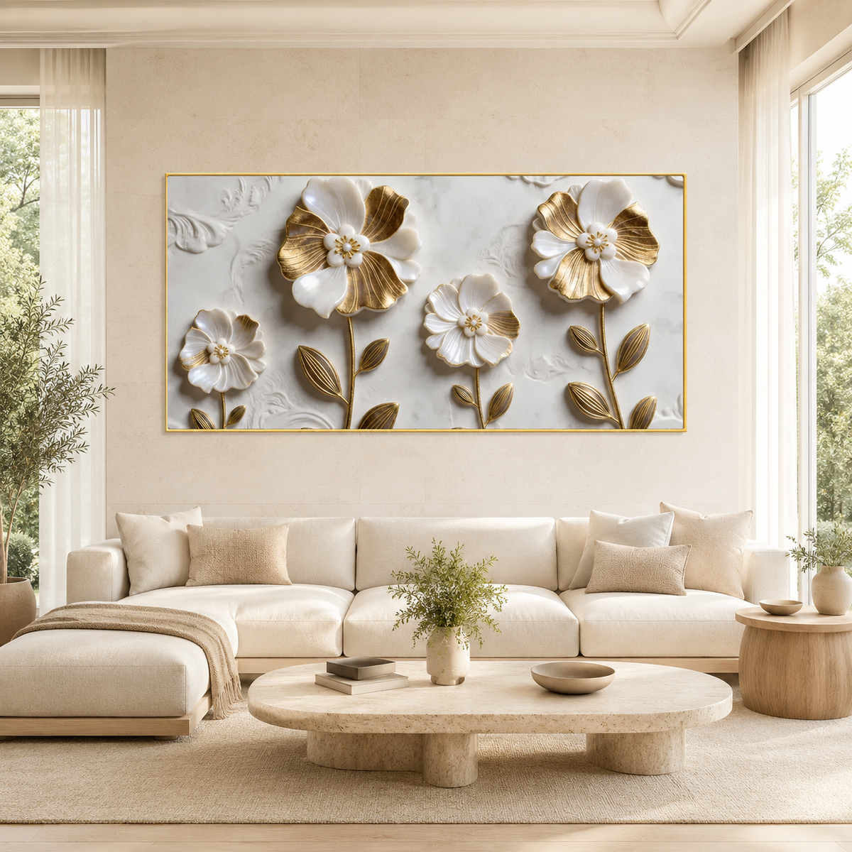 Elegant Golden White Flower Acrylic Wall Art with Dimensional Floral Design