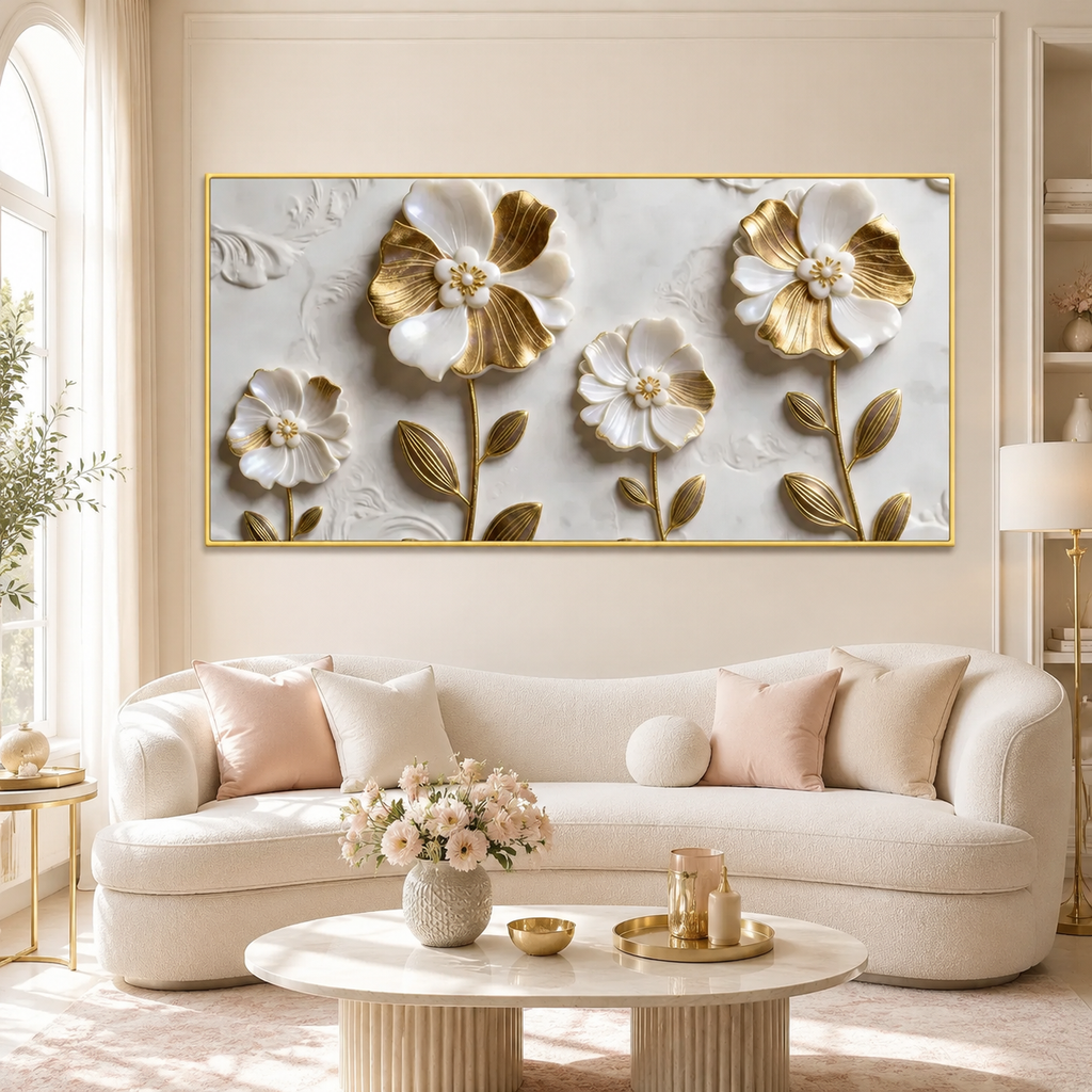 Elegant Golden White Flower Acrylic Wall Art with Dimensional Floral Design
