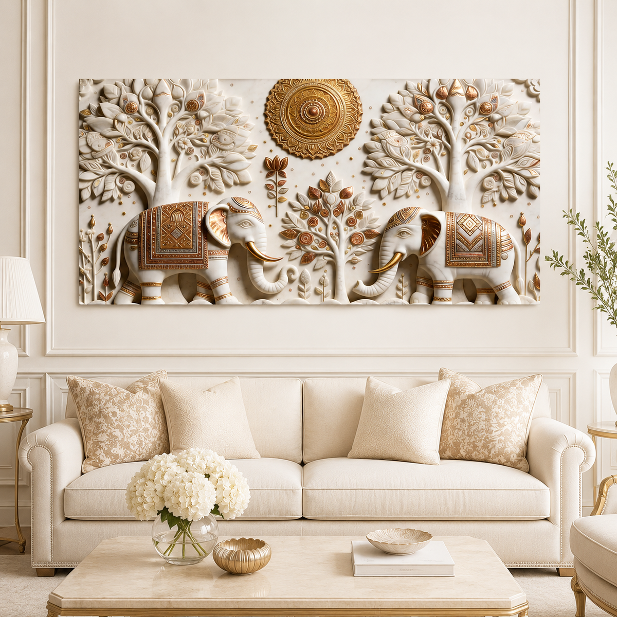 Stunning 3D Elephant Painting with Sacred Tree of Life and Gold Embossed Artwork
