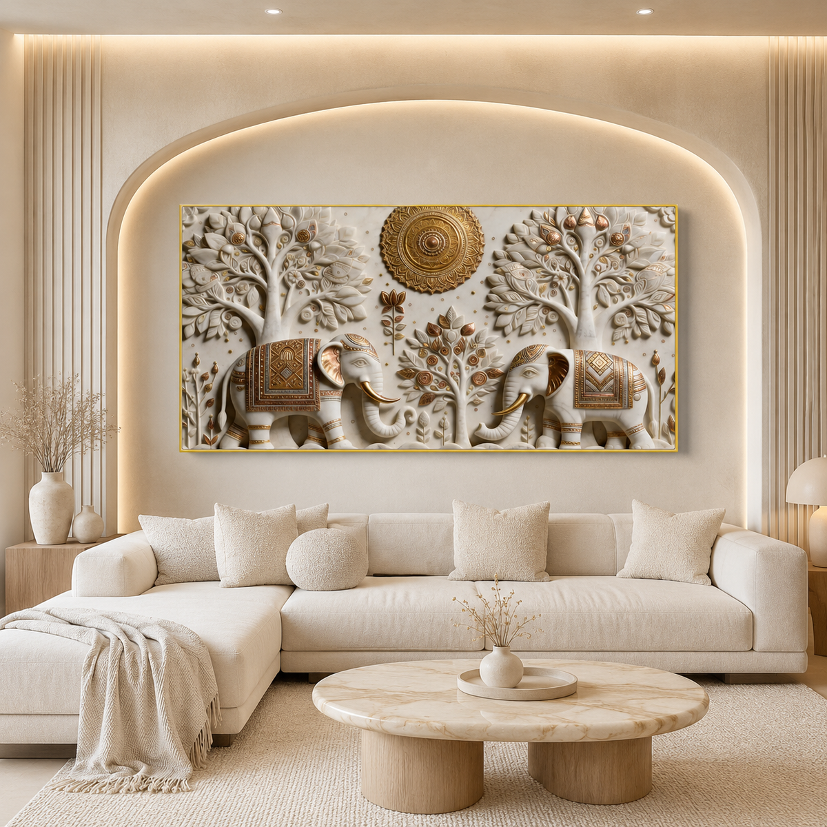 Stunning 3D Elephant Painting with Sacred Tree of Life and Gold Embossed Artwork