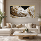 Divine 3D Buddha Wall Painting with White Marble Look and Rich Golden Ornamental Accents