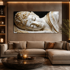 Divine 3D Buddha Wall Painting with White Marble Look and Rich Golden Ornamental Accents