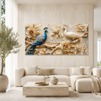 Luxury 3D Peacock Painting with Two Elegant Birds Floral Embossed Texture Golden Leaves and Decorative Wall Art