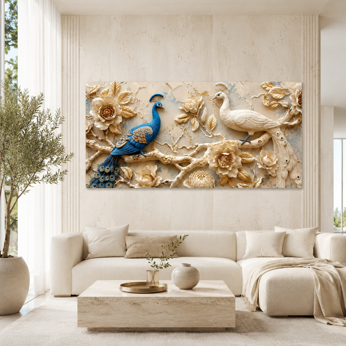 Luxury 3D Peacock Painting with Two Elegant Birds Floral Embossed Texture Golden Leaves and Decorative Wall Art