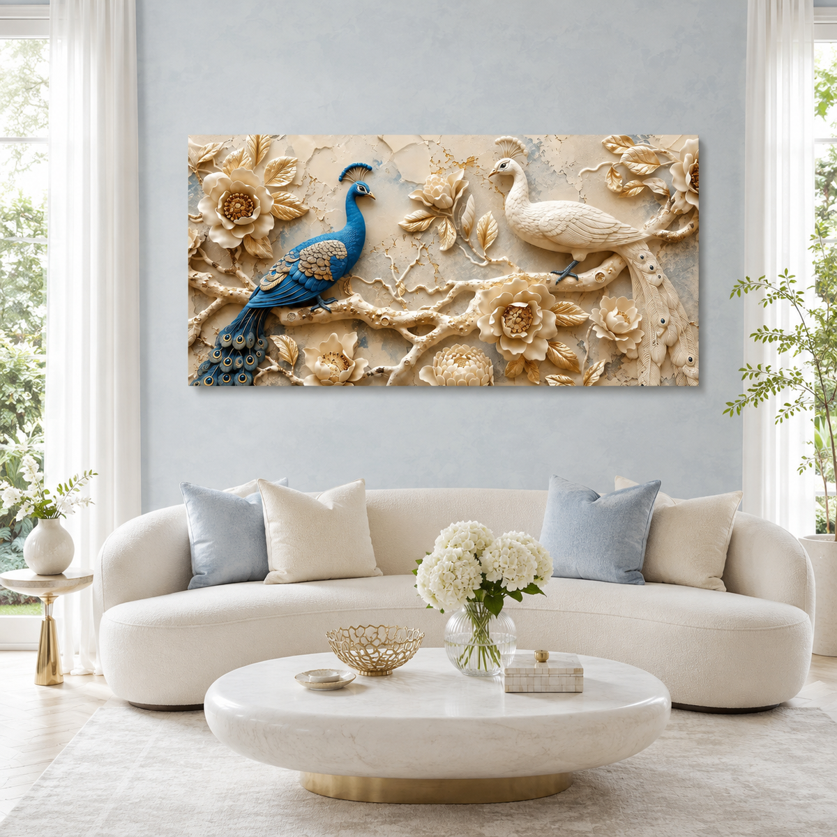 Luxury 3D Peacock Painting with Two Elegant Birds Floral Embossed Texture Golden Leaves and Decorative Wall Art