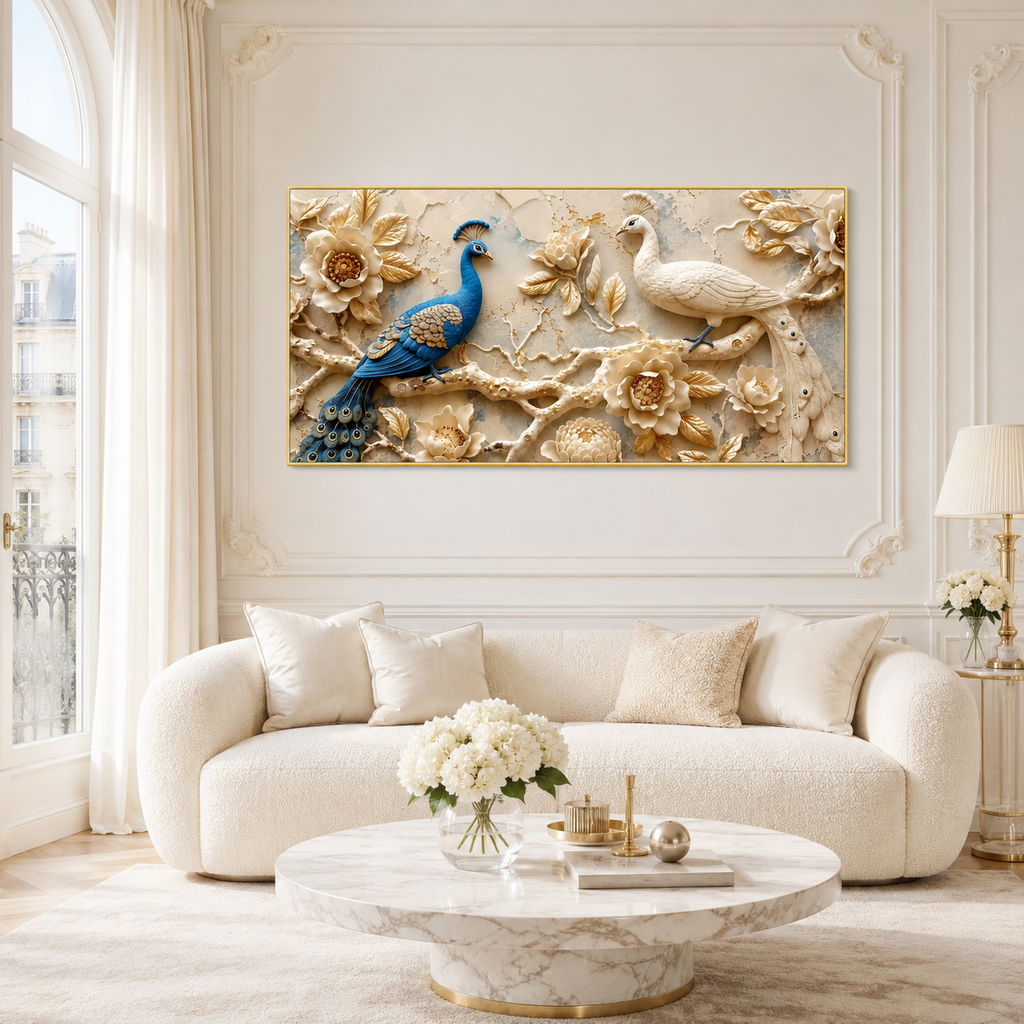 Luxury 3D Peacock Painting with Two Elegant Birds Floral Embossed Texture Golden Leaves and Decorative Wall Art