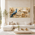 Luxury 3D Peacock Painting with Two Elegant Birds Floral Embossed Texture Golden Leaves and Decorative Wall Art