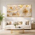 Golden and White 3D Deer Wall Art Featuring Majestic Stag Mountain Peaks Moon and Sculpted Trees