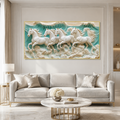 Luxury 3D Horse Painting with Four Majestic White Horses Running Through Ocean Waves Textured Wall Art