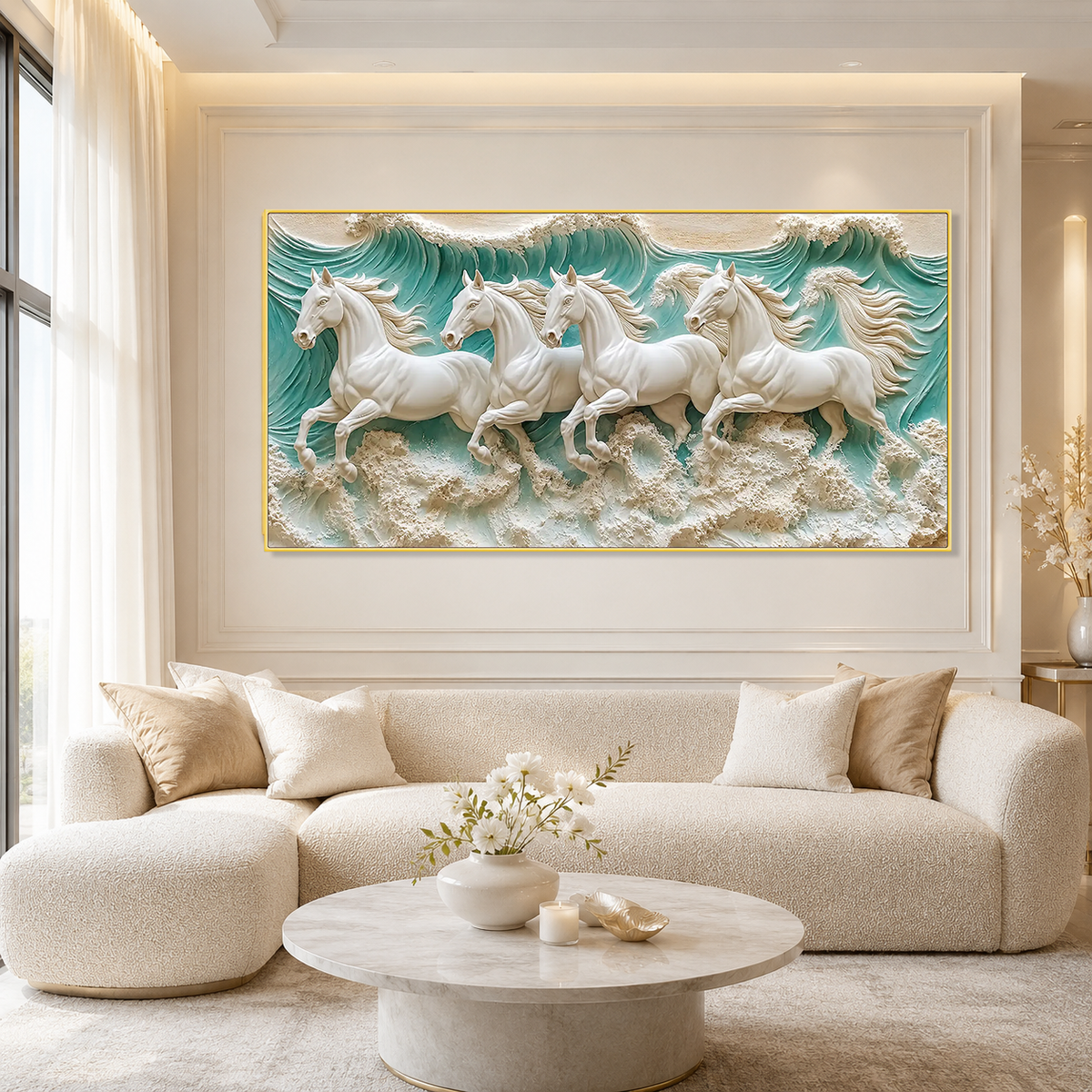 Luxury 3D Horse Painting with Four Majestic White Horses Running Through Ocean Waves Textured Wall Art
