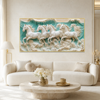 Luxury 3D Horse Painting with Four Majestic White Horses Running Through Ocean Waves Textured Wall Art