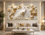 Modern Luxury 3D Peacock Wall Painting with White Feathers Golden Accents Floral Relief Flowers